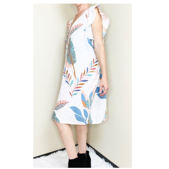 Cynthia Rowley 100% Linen Tunic Dress L Tropical Leaf Print Boho - Picture 1 of 10